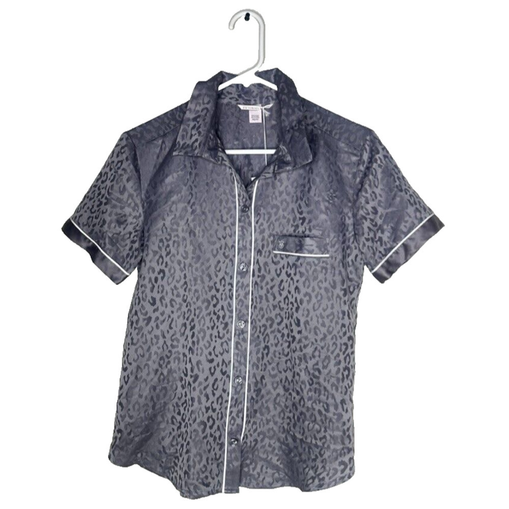 NEW TAGS Victoria's Secret PJ Top Satin Gray Silver Collar Shortsleeve XS/TP